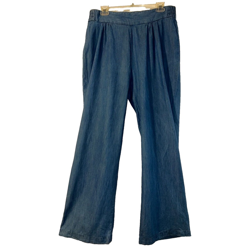 Sunny Leigh Wide Leg Denim Jeans Blue Elastic Waist Pleated Full Length Size L